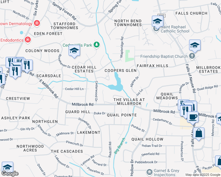 map of restaurants, bars, coffee shops, grocery stores, and more near 5082 Flint Ridge Place in Raleigh
