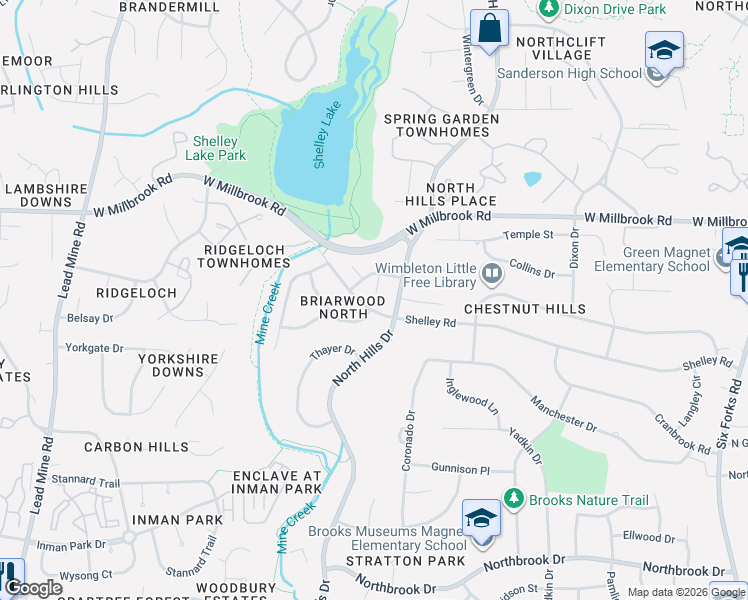 map of restaurants, bars, coffee shops, grocery stores, and more near 5601 North Hills Drive in Raleigh