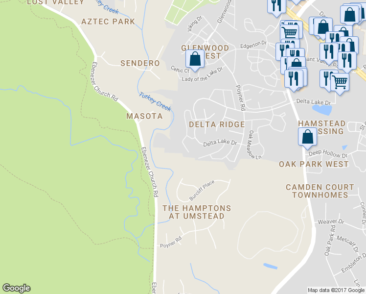 map of restaurants, bars, coffee shops, grocery stores, and more near 5454 Echo Ridge Road in Raleigh