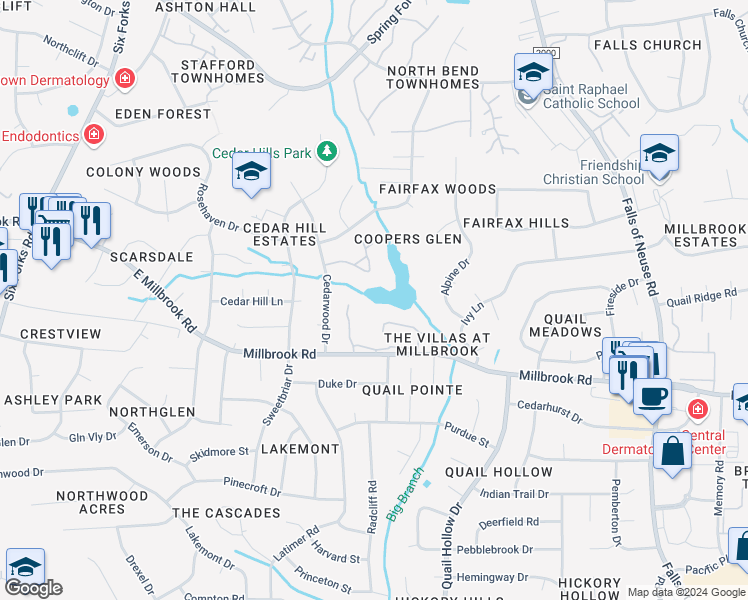 map of restaurants, bars, coffee shops, grocery stores, and more near 5082 Flint Ridge Place in Raleigh