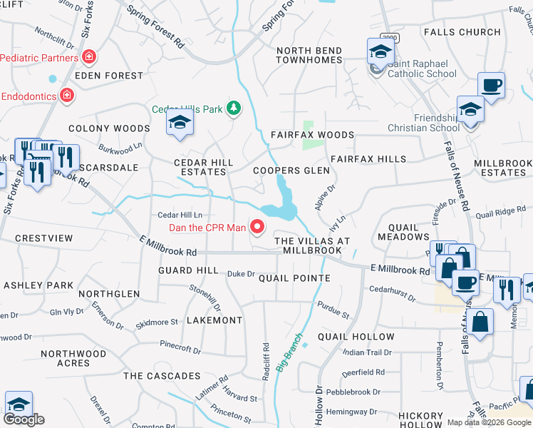 map of restaurants, bars, coffee shops, grocery stores, and more near 5082 Flint Ridge Place in Raleigh