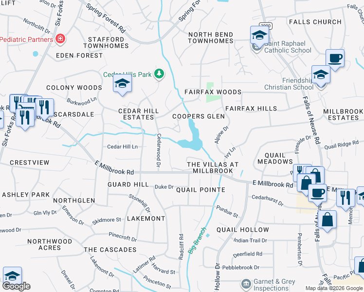 map of restaurants, bars, coffee shops, grocery stores, and more near 5082 Flint Ridge Place in Raleigh