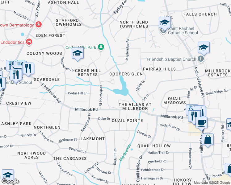 map of restaurants, bars, coffee shops, grocery stores, and more near 537 Pine Ridge Place in Raleigh