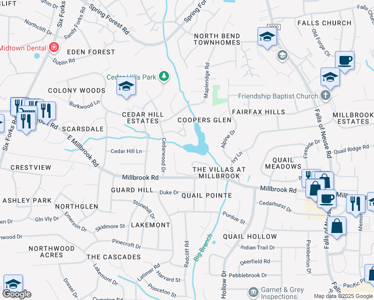 map of restaurants, bars, coffee shops, grocery stores, and more near 5082 Flint Ridge Place in Raleigh