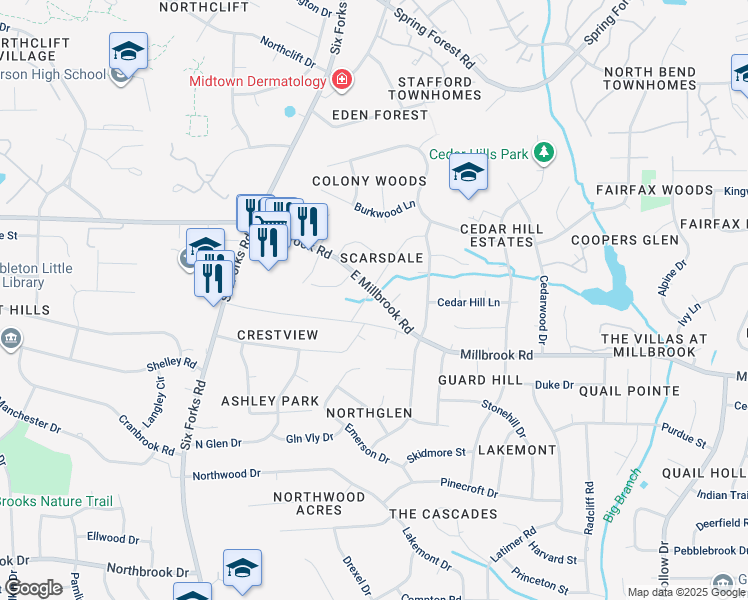 map of restaurants, bars, coffee shops, grocery stores, and more near 5412 Farley Drive in Raleigh