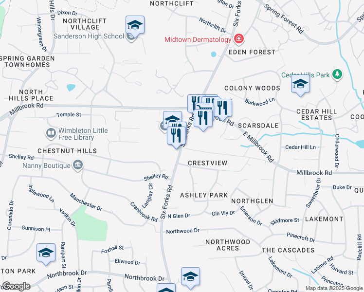 map of restaurants, bars, coffee shops, grocery stores, and more near 5306 Six Forks Road in Raleigh