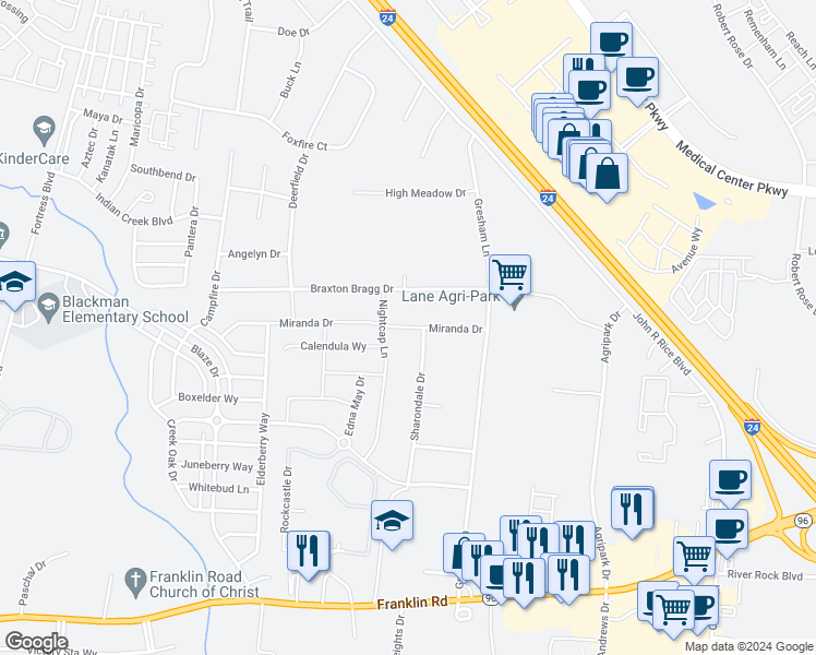 map of restaurants, bars, coffee shops, grocery stores, and more near 2736 Miranda Drive in Murfreesboro