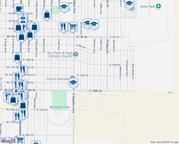 map of restaurants, bars, coffee shops, grocery stores, and more near E 12th St in Dumas