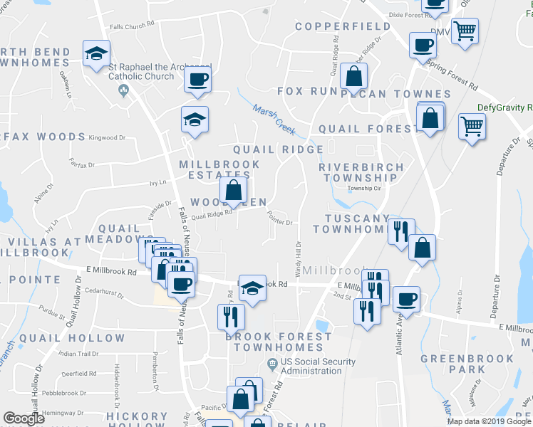 map of restaurants, bars, coffee shops, grocery stores, and more near 5805 Pointer Drive in Raleigh