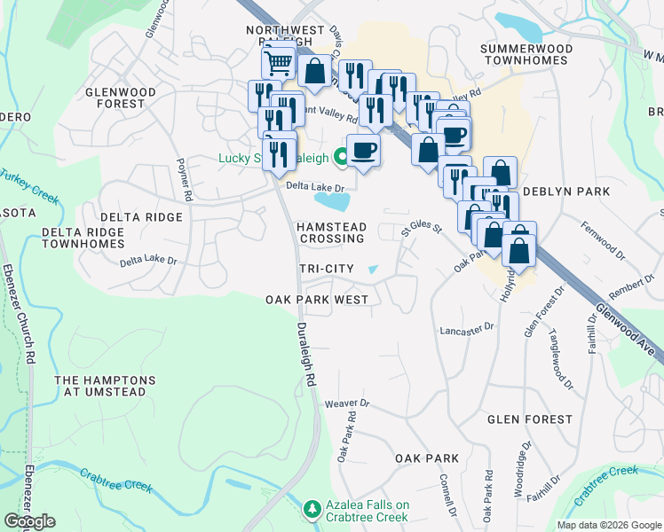 map of restaurants, bars, coffee shops, grocery stores, and more near 5544 Sharpe Drive in Raleigh