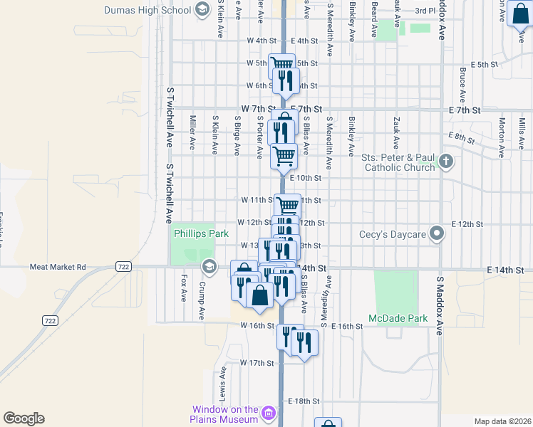 map of restaurants, bars, coffee shops, grocery stores, and more near 1200-1298 South Porter Avenue in Dumas