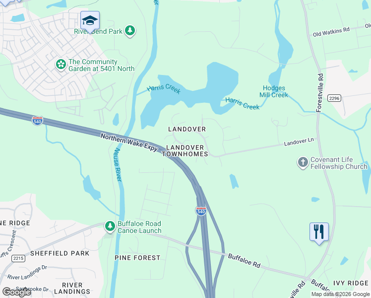map of restaurants, bars, coffee shops, grocery stores, and more near 4815 Landover Charge Lane in Raleigh