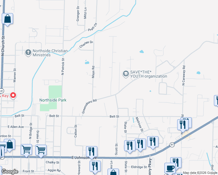 map of restaurants, bars, coffee shops, grocery stores, and more near 1600 Greensboro Road in Jonesboro