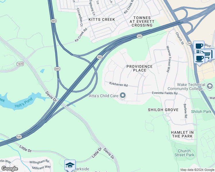 map of restaurants, bars, coffee shops, grocery stores, and more near 2127 Junewood Lane in Morrisville