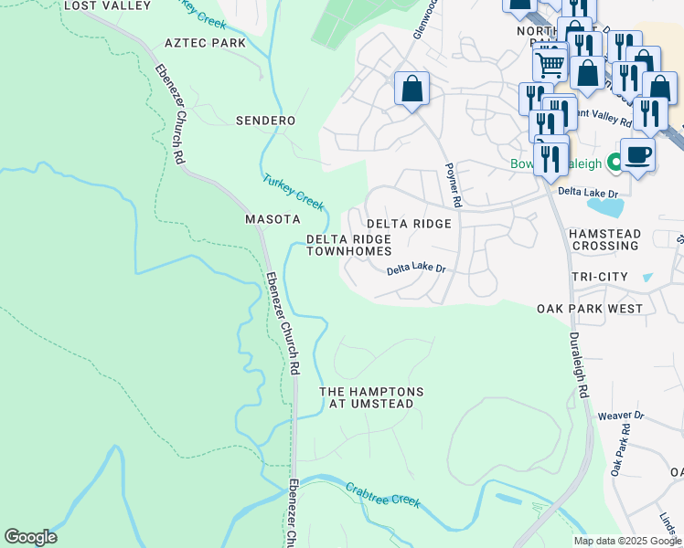 map of restaurants, bars, coffee shops, grocery stores, and more near 5410 Echo Ridge Road in Raleigh