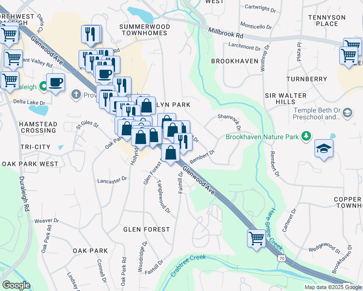 map of restaurants, bars, coffee shops, grocery stores, and more near 5814 Glenwood Avenue in Raleigh