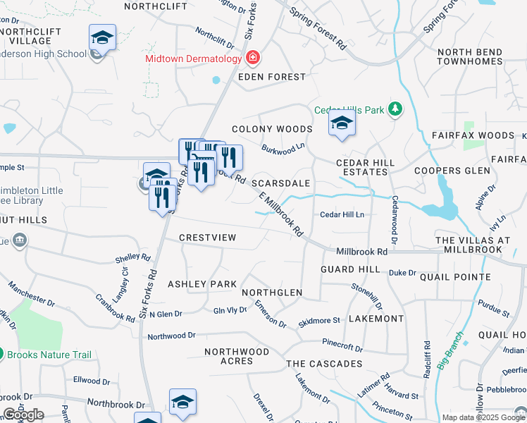 map of restaurants, bars, coffee shops, grocery stores, and more near 5409 Farley Drive in Raleigh