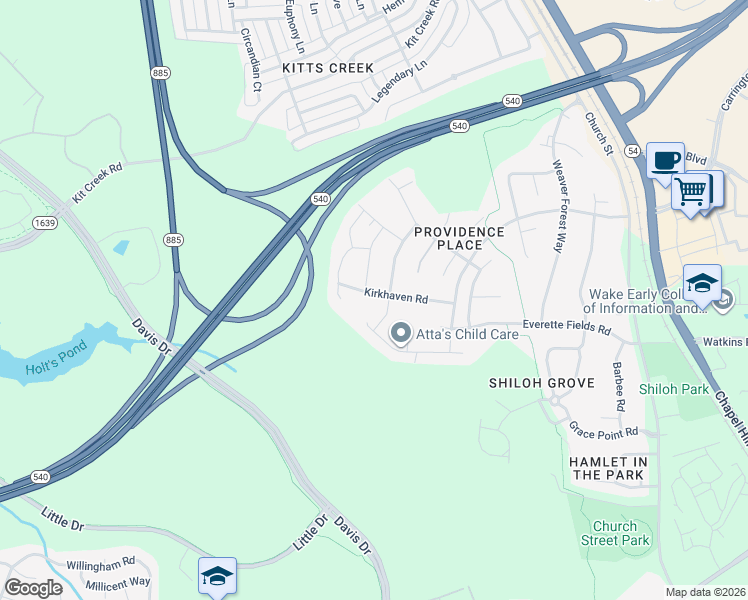 map of restaurants, bars, coffee shops, grocery stores, and more near 2109 Kirkhaven Road in Morrisville