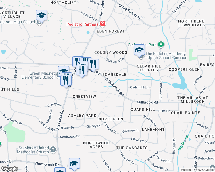 map of restaurants, bars, coffee shops, grocery stores, and more near 5409 Farley Drive in Raleigh