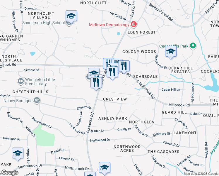 map of restaurants, bars, coffee shops, grocery stores, and more near 5306 Six Forks Road in Raleigh