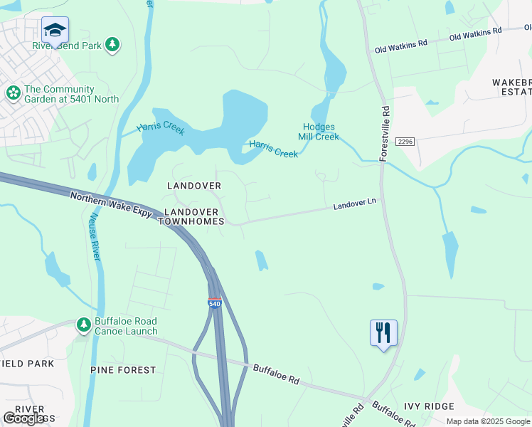 map of restaurants, bars, coffee shops, grocery stores, and more near 4125 Landover Lane in Raleigh