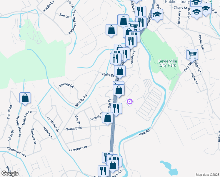 map of restaurants, bars, coffee shops, grocery stores, and more near 212 Reese Road in Sevierville