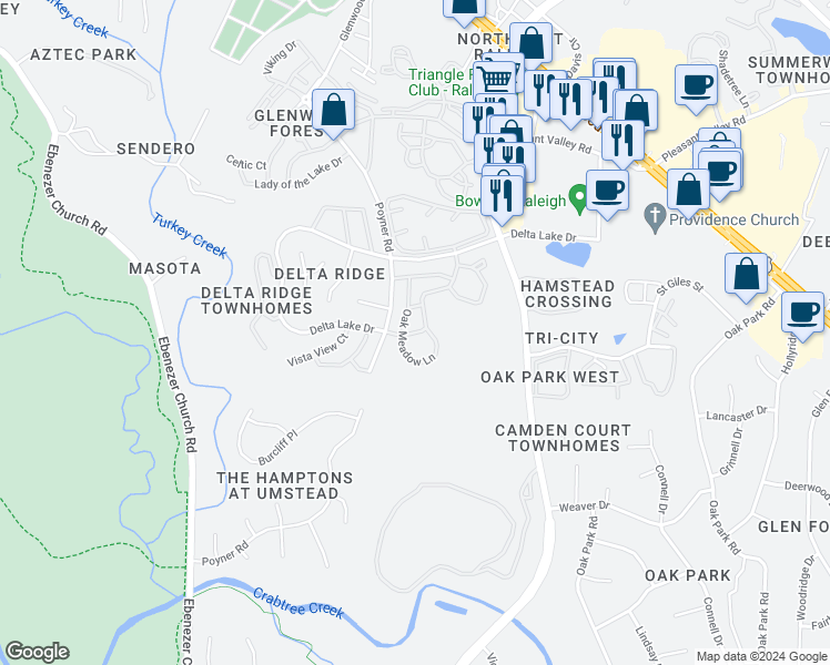 map of restaurants, bars, coffee shops, grocery stores, and more near 4909 Delta Lake in Raleigh