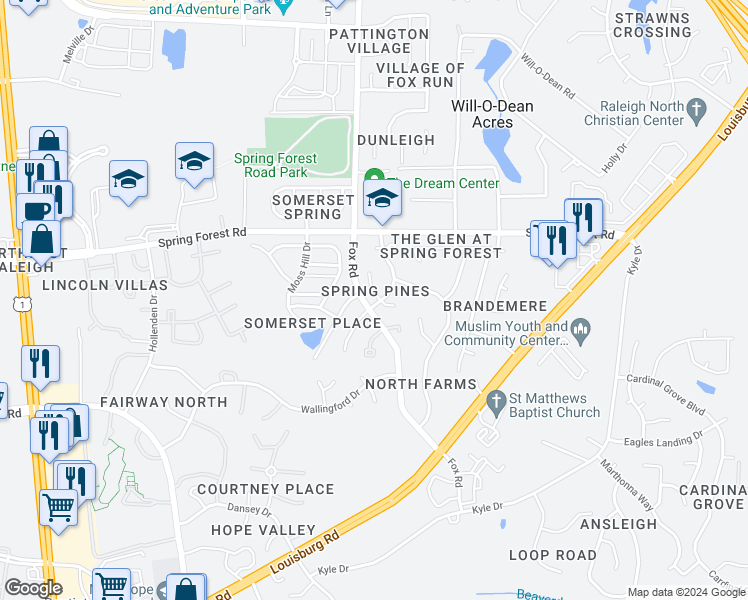 map of restaurants, bars, coffee shops, grocery stores, and more near 5405 Spring Pines Way in Raleigh