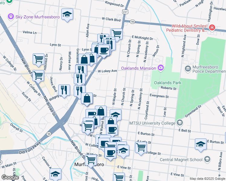 map of restaurants, bars, coffee shops, grocery stores, and more near 721 North Maple Street in Murfreesboro
