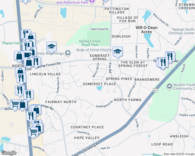 map of restaurants, bars, coffee shops, grocery stores, and more near 5101 Moss Hill Drive in Raleigh