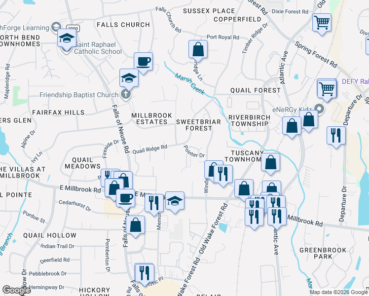 map of restaurants, bars, coffee shops, grocery stores, and more near 5805 Pointer Drive in Raleigh