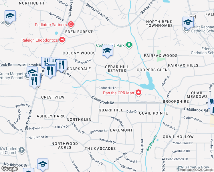 map of restaurants, bars, coffee shops, grocery stores, and more near 428 Cedar Hill Lane in Raleigh