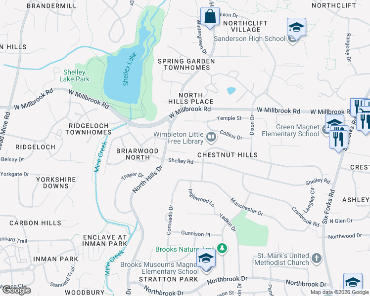 map of restaurants, bars, coffee shops, grocery stores, and more near 1317 Lennox Place in Raleigh