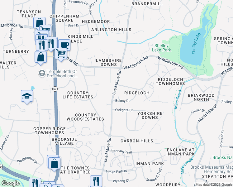 map of restaurants, bars, coffee shops, grocery stores, and more near 5301 Thaxton Place in Raleigh
