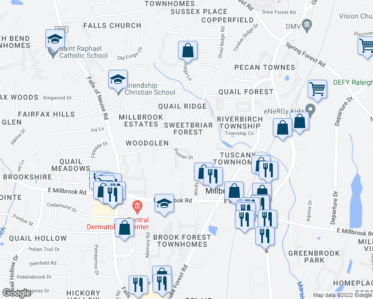 map of restaurants, bars, coffee shops, grocery stores, and more near 5820 Pointer Drive in Raleigh