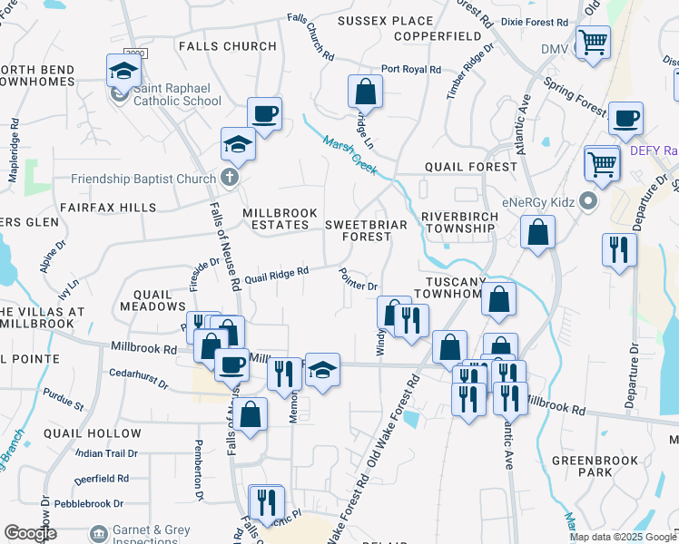 map of restaurants, bars, coffee shops, grocery stores, and more near 5812 Pointer Drive in Raleigh