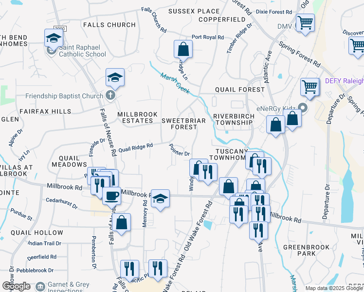 map of restaurants, bars, coffee shops, grocery stores, and more near 5820 Pointer Drive in Raleigh