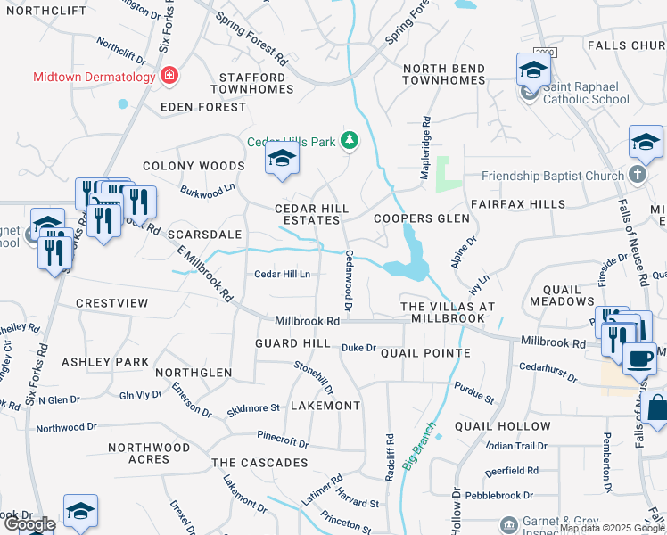 map of restaurants, bars, coffee shops, grocery stores, and more near 505 Cedar Hill Lane in Raleigh