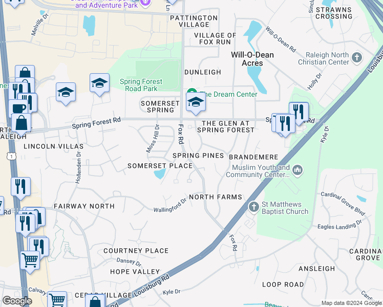map of restaurants, bars, coffee shops, grocery stores, and more near 5405 Spring Pines Way in Raleigh