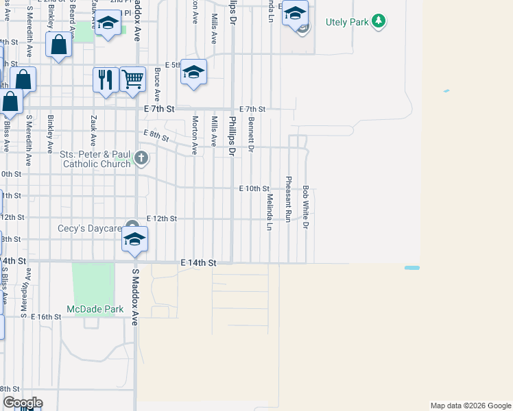 map of restaurants, bars, coffee shops, grocery stores, and more near 1101 Bennett Drive in Dumas
