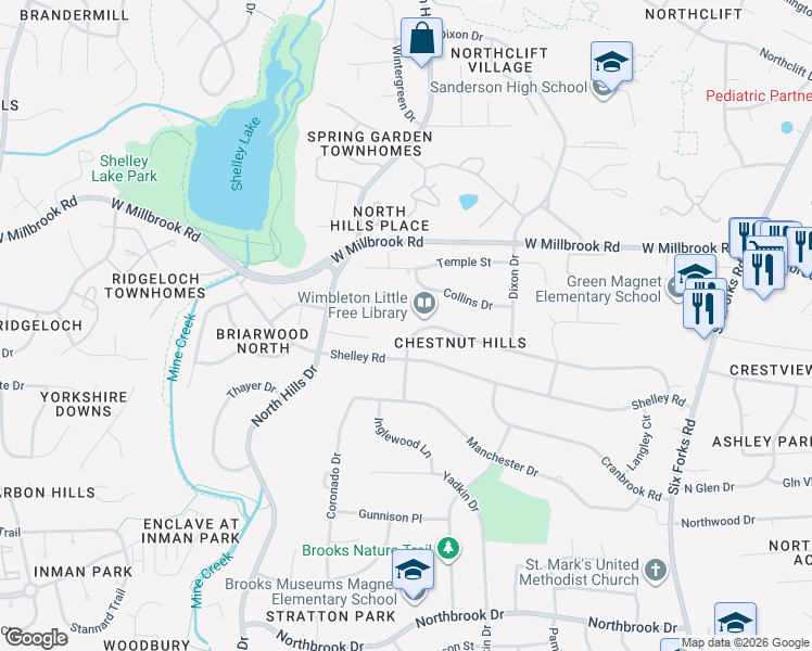 map of restaurants, bars, coffee shops, grocery stores, and more near 1300 Kintyre Circle in Raleigh