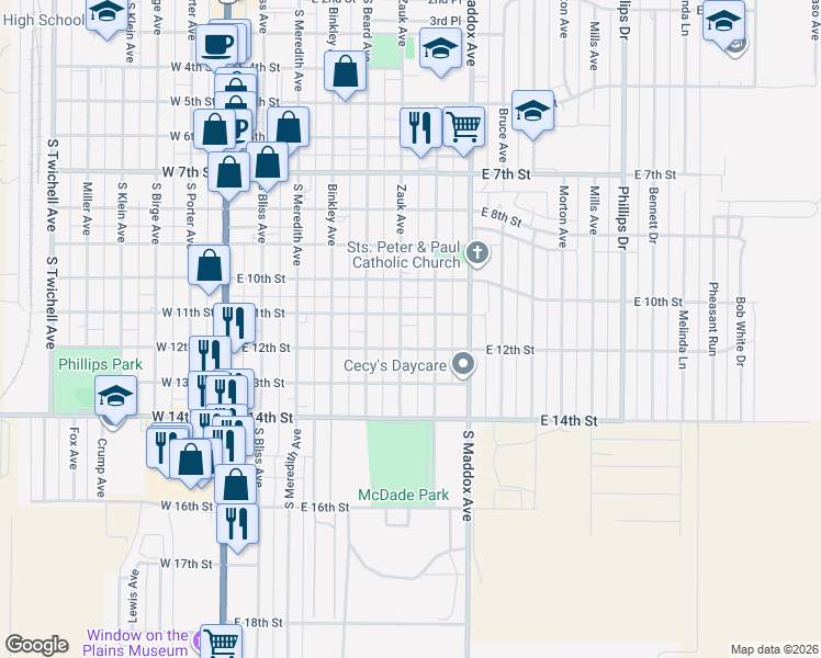 map of restaurants, bars, coffee shops, grocery stores, and more near East 11th Street in Dumas