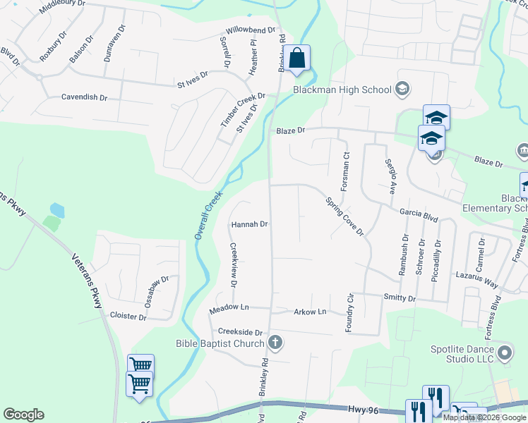 map of restaurants, bars, coffee shops, grocery stores, and more near 647 Brinkley Road in Murfreesboro
