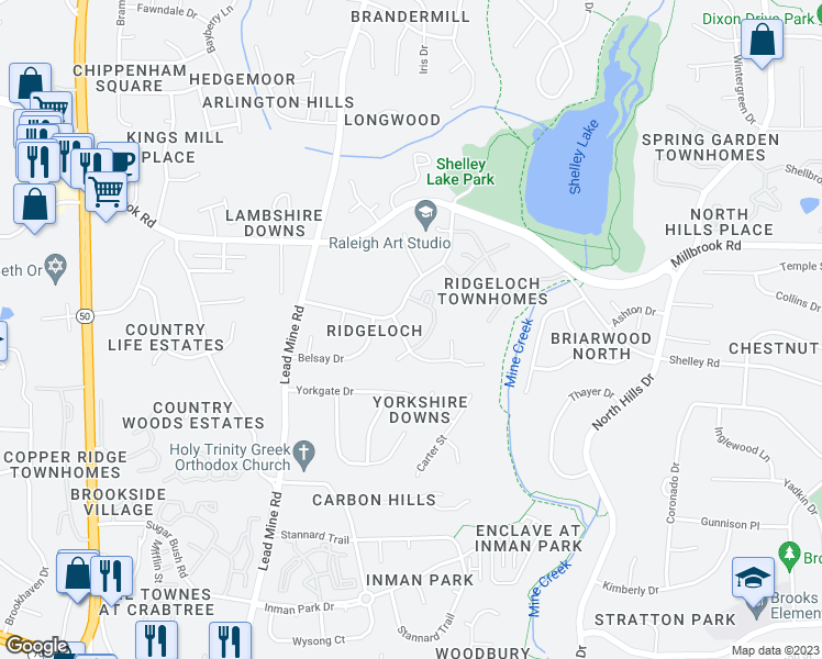 map of restaurants, bars, coffee shops, grocery stores, and more near 5408 Ridgeloch Place in Raleigh