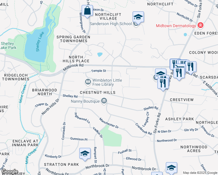 map of restaurants, bars, coffee shops, grocery stores, and more near 5209 Dixon Drive in Raleigh