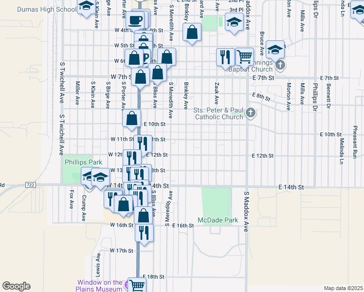 map of restaurants, bars, coffee shops, grocery stores, and more near East 11th Street in Dumas