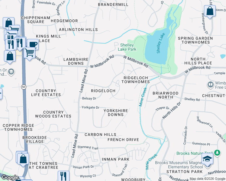 map of restaurants, bars, coffee shops, grocery stores, and more near 5445 Pine Top Circle in Raleigh