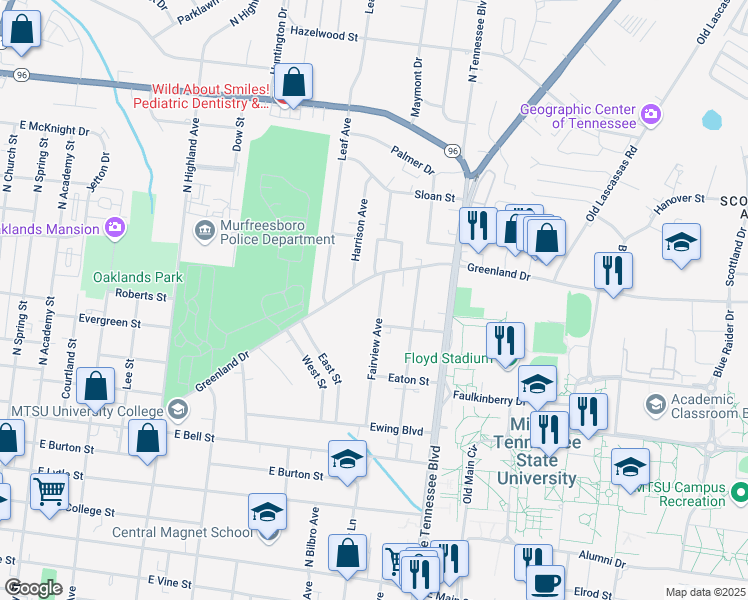 map of restaurants, bars, coffee shops, grocery stores, and more near 919 Greenland Drive in Murfreesboro