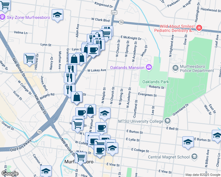 map of restaurants, bars, coffee shops, grocery stores, and more near 812 North Maple Street in Murfreesboro