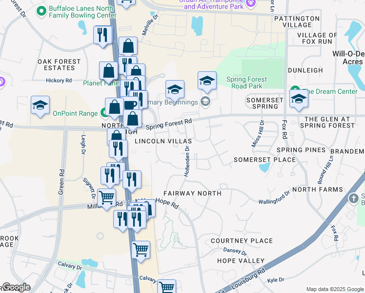 map of restaurants, bars, coffee shops, grocery stores, and more near 3810 Grey Harbor Drive in Raleigh
